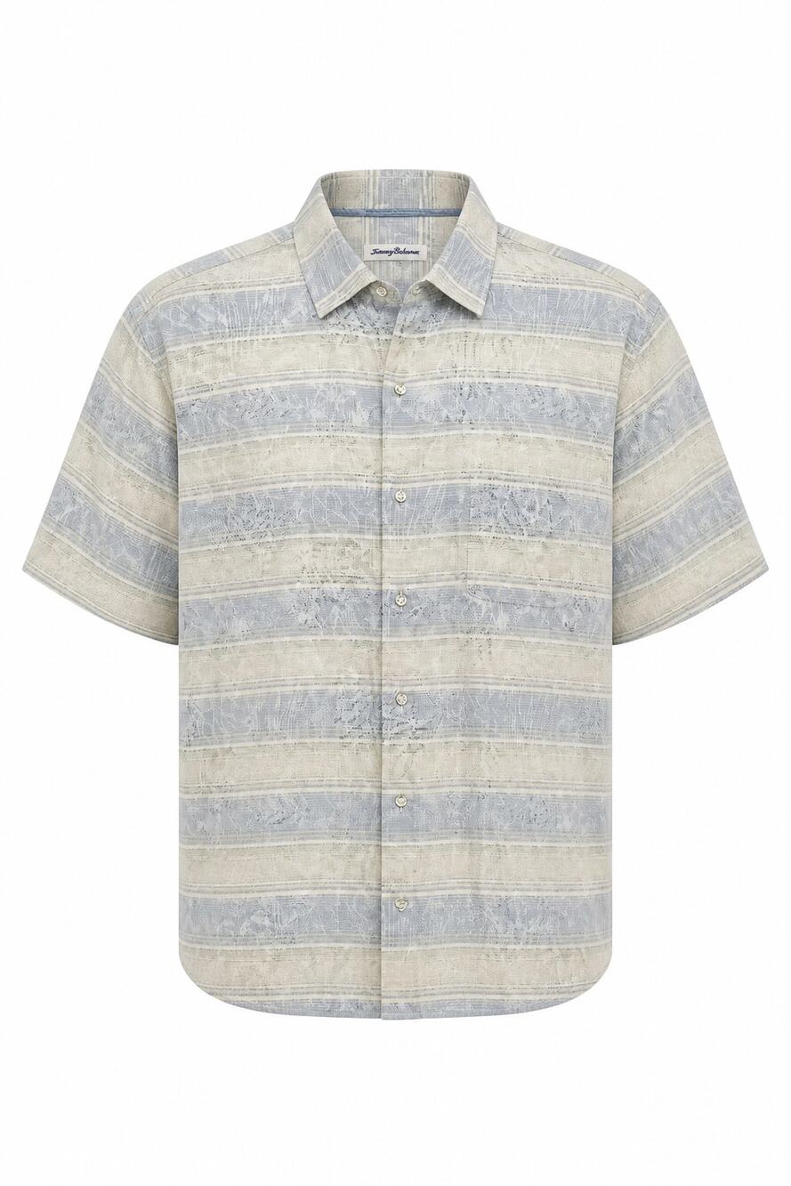 Tommy Bahama Mens Large L Cotton Jacquard Stripe Hawaiian Camp Shirt Tropical